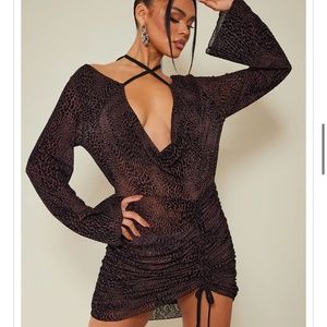 Chocolate Flocked Cowl Tie Detail Ruched Bodycon Dress